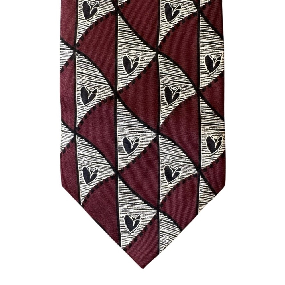 Structure Mens Silk Necktie Burgundy Geometric Triangle Heart Print Made in USA